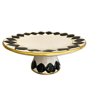 Almeria 8in Checkered Cake Stand Black White Ceramic MacKenzie Style Decor New